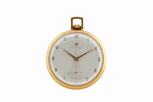 GIRARD PERREGUAX, 18K pink gold keyless openface pocket watch. Made circa 1960