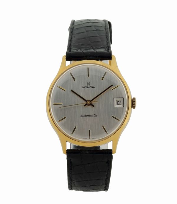 MONDIA, self-winding, water resistant, 18K yellow gold wristwatch with date. Made circa 1970