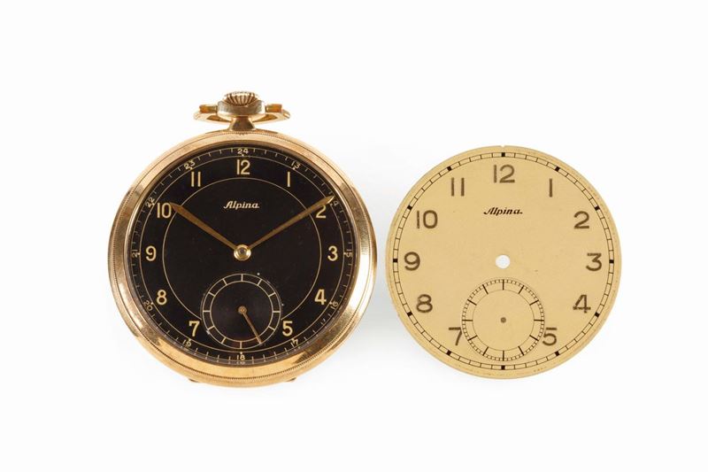 ALPINA, 9K yellow gold, keyless, open face pocket watch. Made circa 1960. Accompanied by an additional original dial.  - Auction Watches and Pocket Watches - Cambi Casa d'Aste