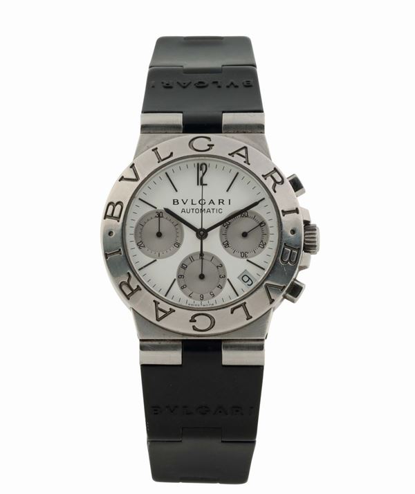 BULGARI REF. CH 35 S CHRONOGRAPH STEEL.  Made in the 1990s. Fine, self-winding, water-resistant, stainless steel wristwatch with oval button chronograph, registers, date and a rubber  Bulgari  strap with deployant clasp. Accompanied by the original box and papers