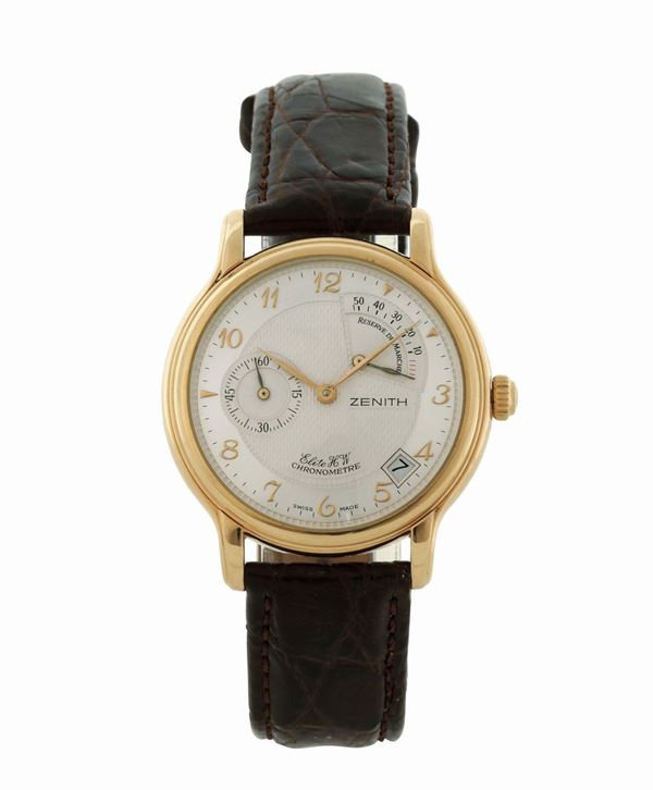 ZENITH, Chronometre, Elite, No.1448, orologio da polso, in oro giallo 18K con datario, riserva di carica e fibbia originale. Realizzato nel 2000 circa. Accompagnato da scatola originale