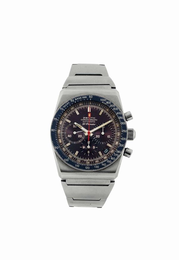 ZENITH, EL PRIMERO,  Chronograph, Automatic, , Ref. 249E830. Fine and  rare, tonneau shaped, self-winding, water-resistant, stainless steel wristwatch with round button chronograph, tachometer, registers , date and a stainless steel Zenith bracelet with deployant clasp. Made in the 1970's.