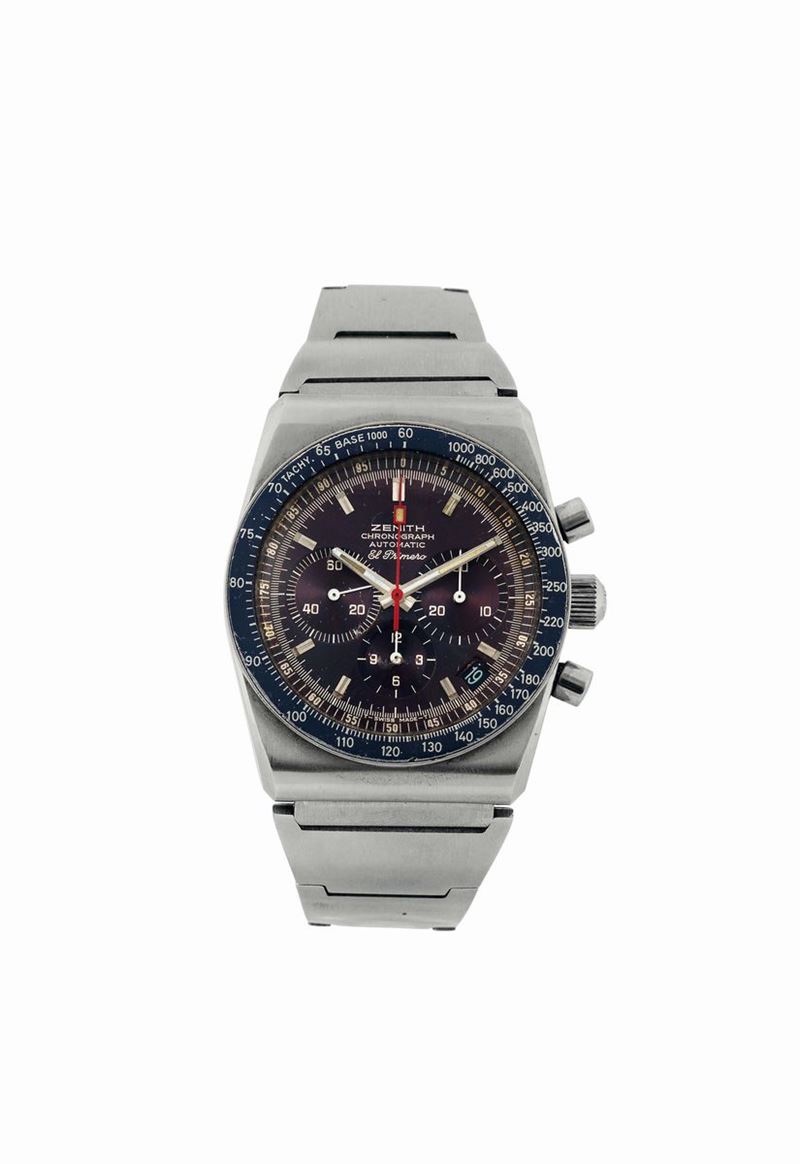 ZENITH, EL PRIMERO,  Chronograph, Automatic, , Ref. 249E830. Fine and  rare, tonneau shaped, self-winding, water-resistant, stainless steel wristwatch with round button chronograph, tachometer, registers , date and a stainless steel Zenith bracelet with deployant clasp. Made in the 1970's.  - Auction Watches and Pocket Watches - Cambi Casa d'Aste