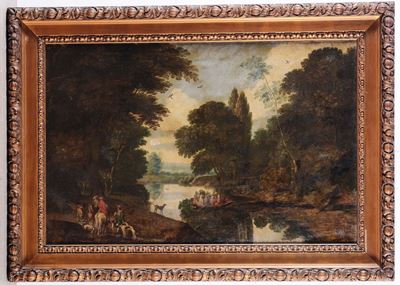 Jan Wildens (anversa 1586-1653)paesaggio con Corso D'acqua e Cavalieri