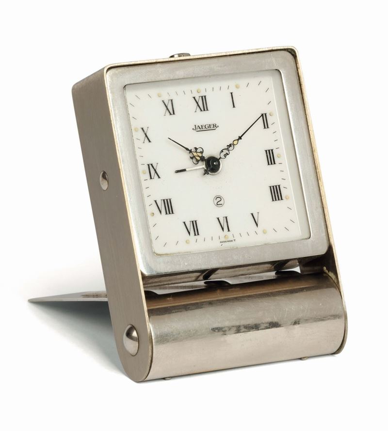 JAEGER, 2 days, power reserve, metal table clock with alarm and enamel dial. Made circa 1940  - Auction Watches and Pocket Watches - Cambi Casa d'Aste