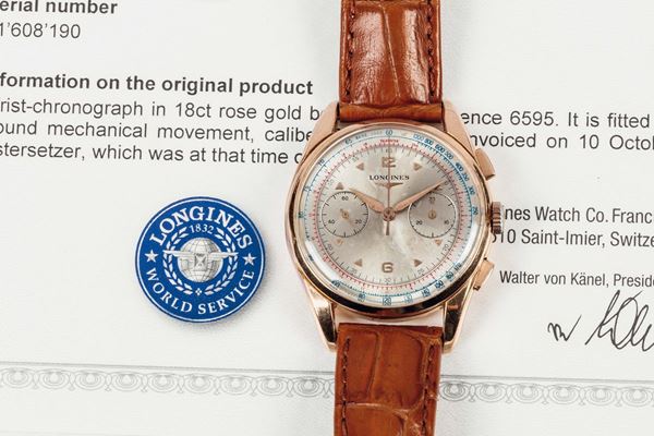 LONGINES, CAL.30CH, movement  No. 11608190, REF.6595, 18K pink gold chronograph wristwatch with Retour en Vol, register, tachometer and telemeter. Made circa 1960. Accompanied by the Extract from the Archives