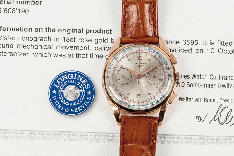 LONGINES, CAL.30CH, movement  No. 11608190, REF.6595, 18K pink gold chronograph wristwatch with Retour en Vol, register, tachometer and telemeter. Made circa 1960. Accompanied by the Extract from the Archives  - Auction Watches and Pocket Watches - Cambi Casa d'Aste