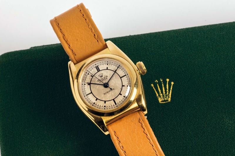 ROLEX, Oyter, Scientific, case No. 30124, water resistant, 18K yellow gold wristwatch with original gold buckle. Made circa 1950. Accompanied by the original box and document. Made in the 1940's  - Auction Watches and Pocket Watches - Cambi Casa d'Aste