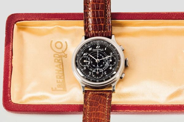 EBERHARD, case No.13524, very rare, steel, large chronograph wristwatch with tachometer and telemetre scale with an original buckle. Accompanied by the original box. Made circa 1940