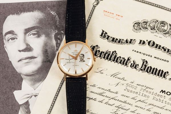 MOVADO, Kingmatic,  President du Bresil, Juscelino Kubitschek, case No. 5002, 18K pink gold wristwatch with gold plated buckle. Accompanied by the Certificate and box. Made circa 1950