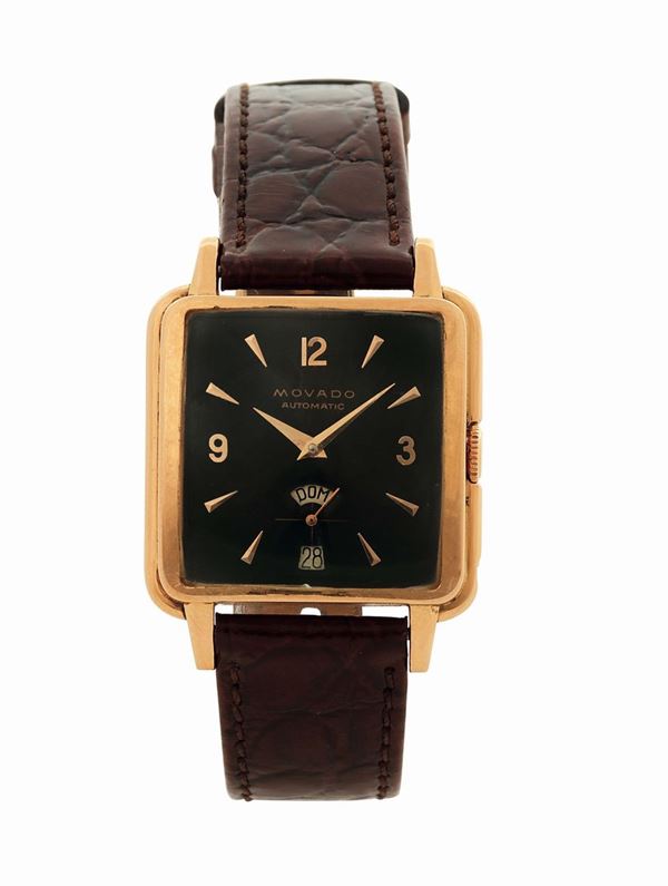 MOVADO, Automatic, REF. R8477, rare, 18K pink gold wristwatch with day-date and a gold plated buckle. Made circa 1950