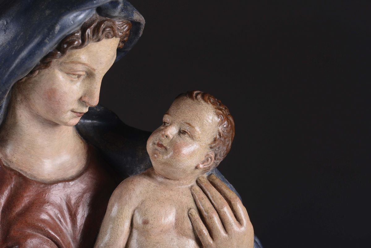 Madonna con Bambino in Stucco Policromo Scultore Prossimo a Jacopo della Quercia (siena Ca 1374-1...