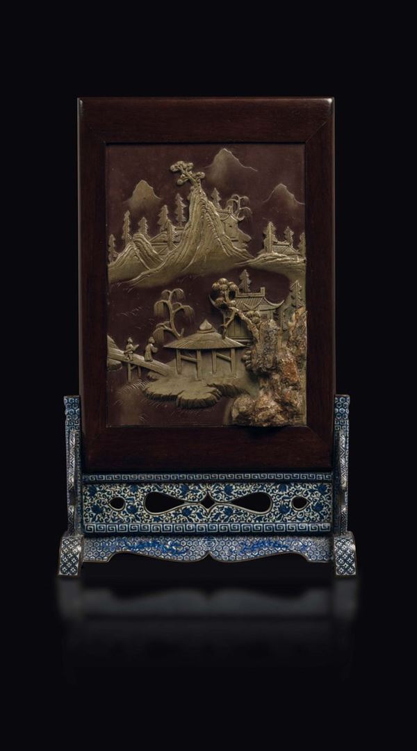 A wooden screen table on a glazed Canton Imperial stand with on one side a central part of an Imperial  red lacquered dish with inscription and a zitan book in relief and on the other a Duan stone with landscape, China, Qing Dynasty, 18th/19th century