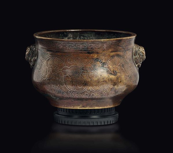A bronze Shi Sou censer with silver inlaid, China, Qing Dynasty, late 17th century