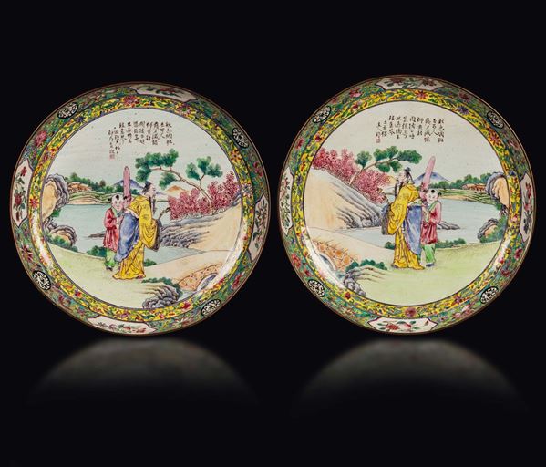 A pair of cloisonné enamel dishes with schoolars and inscriptions, China, Qing Dynasty, Qianlong Period (1736-1795)