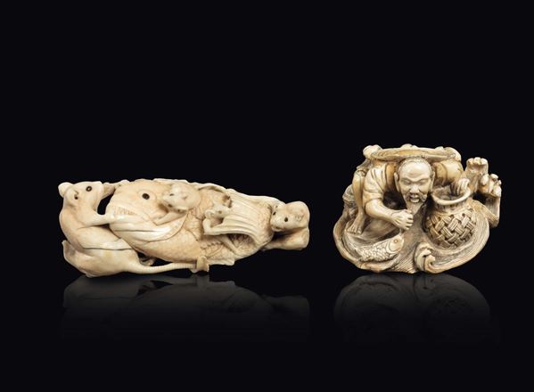 Two carved ivory groups, one with fish and mice and one with fisherman, Japan, Meiji Period, late 19th century