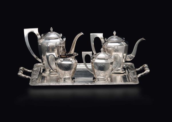 A silver tea set with tray, China, Qing Dynasty, 19th century