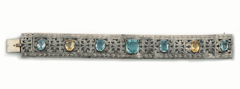 Bracelet in platinum with five aquamarines and two yellow topaz  - Auction Fine Jewels - Cambi Casa d'Aste