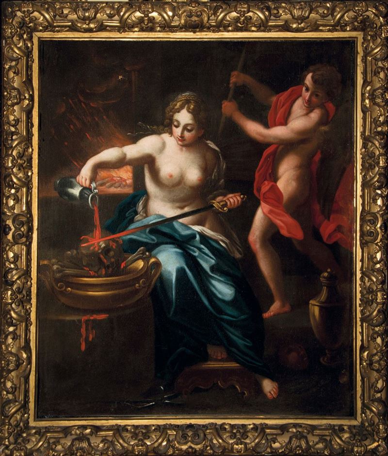 Anton Maria Piola (Genova 1654 - 1715) Minerva forgia le armi  - Asta Dipinti Antichi - Cambi Casa d'Aste