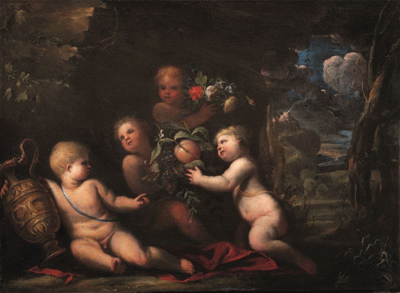 Bartolomeo Biscaino (1632-1657) Natura morta con putti  - Asta Dipinti Antichi - Cambi Casa d'Aste