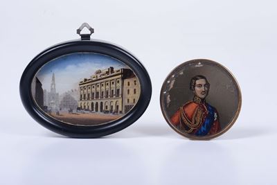 Lotto Composto da un Vetro Dipinto “en Revers” Raffigurante Scorcio di Vienna, Circa 1840