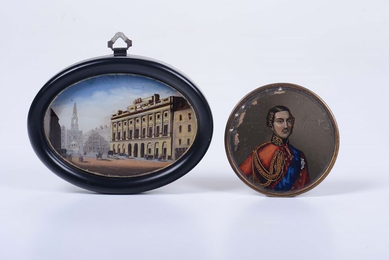 Lotto composto da un vetro dipinto “en revers” raffigurante scorcio di Vienna, circa 1840  - Asta Antiquariato - II - Cambi Casa d'Aste