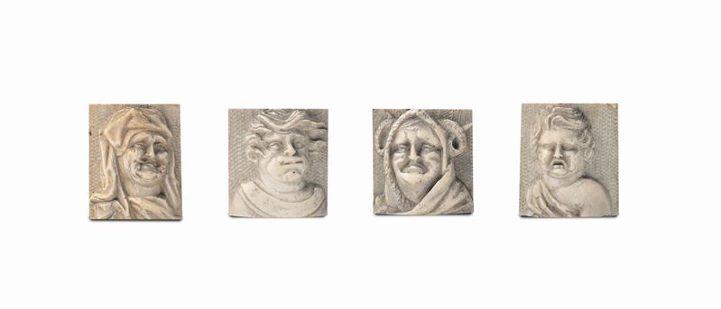 Gruppo di quattro placchette in avorio con ritratti grotteschi. Germania o Fiandre XVII secolo  - Asta Scultura e Oggetti d'Arte - Cambi Casa d'Aste