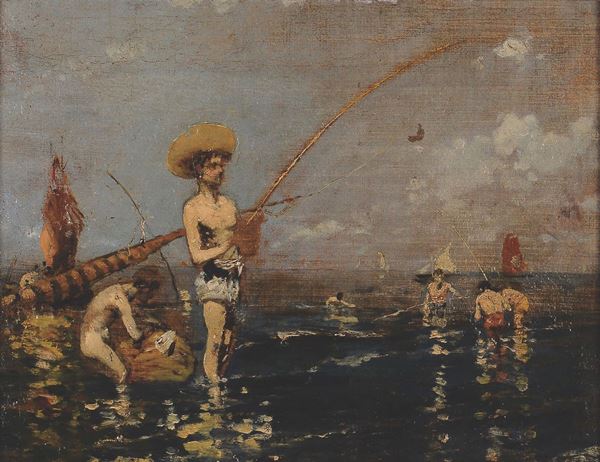 Scuola veneta del XIX-XX secolo Soggetto di giovani pescatorelli in riva al mare