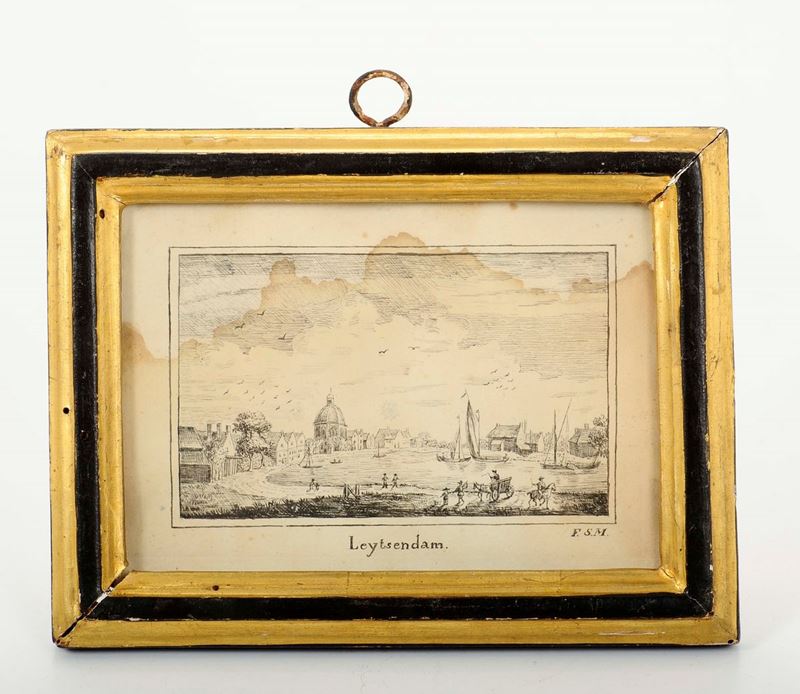 Scuola olandese del XVIII secolo, siglato F.S.M Veduta della città di Leytsendam  - Auction Fine art - II - Cambi Casa d'Aste