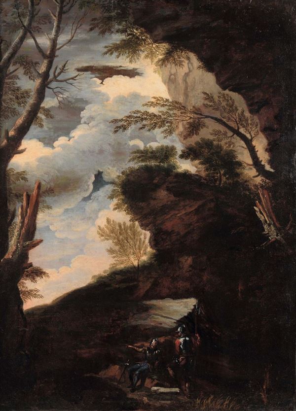 Salvator Rosa (1615-1673), ambito di Paesaggio con figure