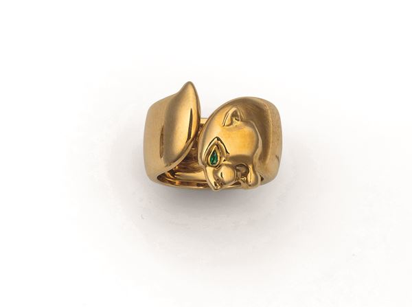 Yellow gold and emerald Panthère ring, Cartier. Signed and numerated 606013. Fitted case