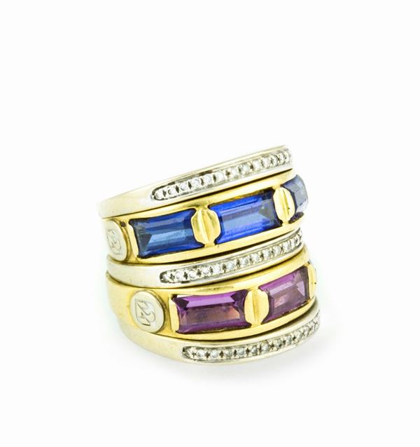 Blue and violet tourmaline and diamond ring