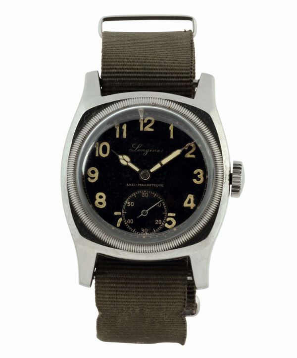 Longines, Military Aviator’s Wristwatch  “Anti-magnetique”, case No. 2820. Made for the Czech Air Force, circa 1938. Fine and rare, large, cushion-shaped, stainless steel military wristwatch.