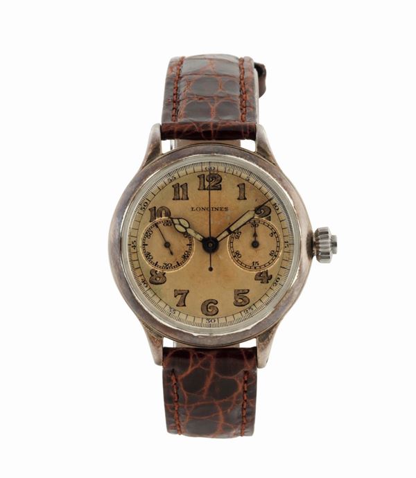 Longines, case No. 746245. Very fine, rare and unusual, silver military wristwatch with single button on the crown chronograph and register, Made circa 1940
