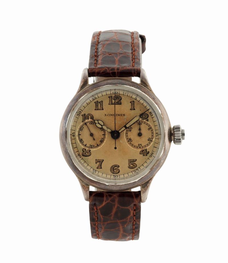 Longines, case No. 746245. Very fine, rare and unusual, silver military wristwatch with single button on the crown chronograph and register, Made circa 1940  - Auction Watches and Pocket Watches - Cambi Casa d'Aste