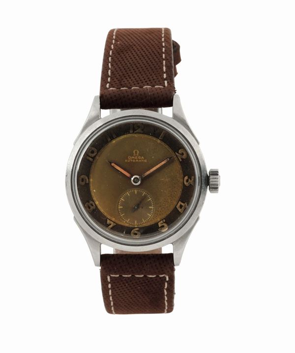 OMEGA, orologio da polso, impermeabile, antimagnetico, automatico, in acciaio con fibbia originale. Realizzato nel 1940 circa