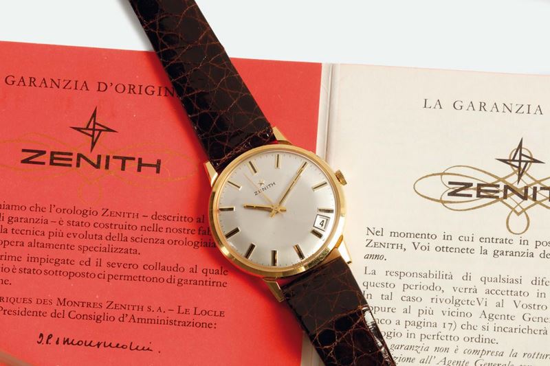 ZENITH, 18K yellow gold wristwatch with date. Accompanied by the original box and Guarantee. Sold in 1970  - Auction Watches and Pocket Watches - Cambi Casa d'Aste