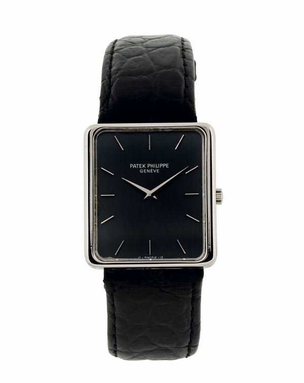Patek Philippe, Genève, Ref. 3599/1. Produced in the 1980’s. Very fine, rectangular, 18K white gold wristwatch.
