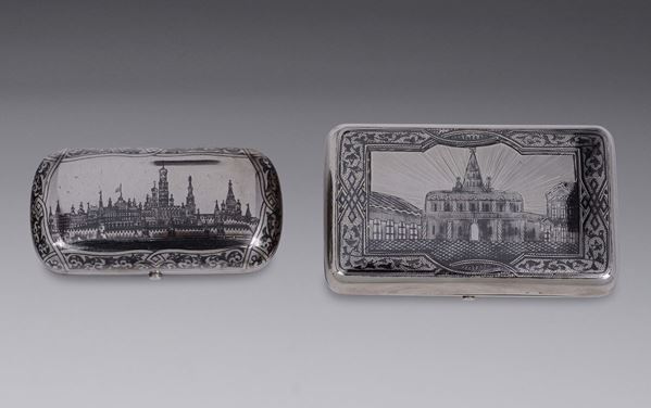 Due scatole porta sigari in argento, Russia, una con bolli Mosca 1866