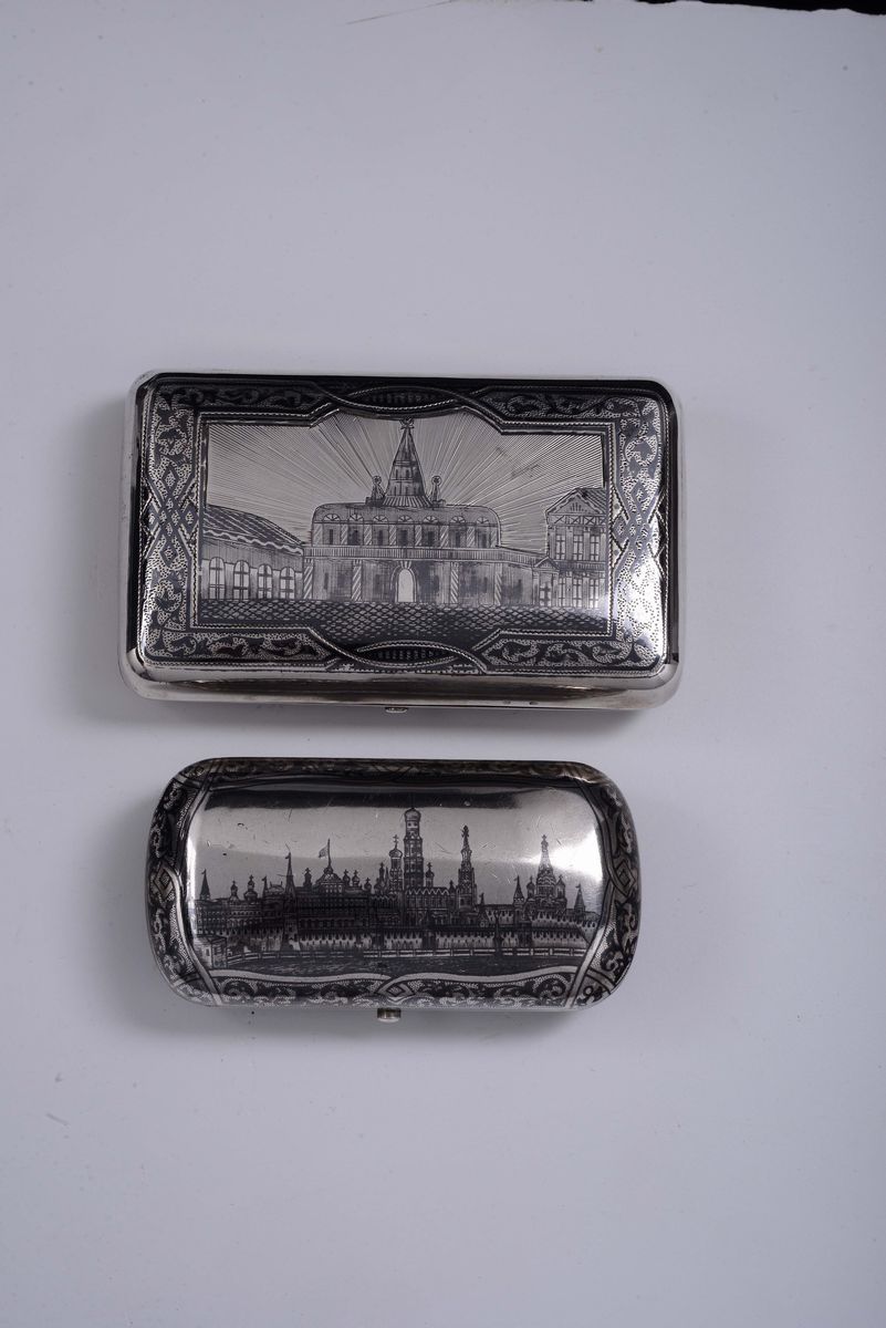 Due Scatole Porta Sigari in Argento, Russia, una con Bolli Mosca 1866