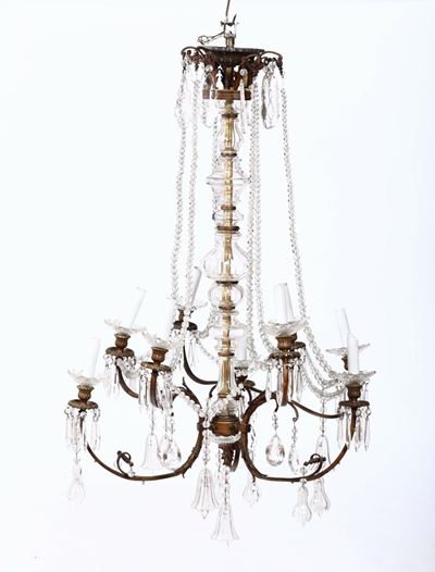 Lampadario in Metallo e Cristalli a Otto Luci, XX Secolo