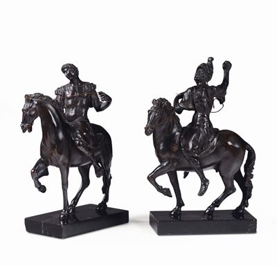 Coppia di Sculture Raffiguranti Figure Equestri, Bronzista Veneto del XVIII-XIX Secolo