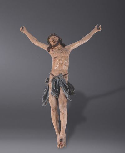 Scultura in Legno Policroma Raffigurante Cristo Crocifisso, Artista Dell'ambito Alpino del XVIII ...