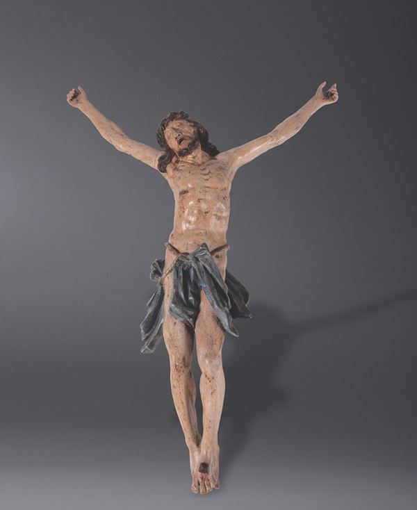 Scultura in legno policroma raffigurante Cristo crocifisso, artista dell'ambito alpino del XVIII secolo