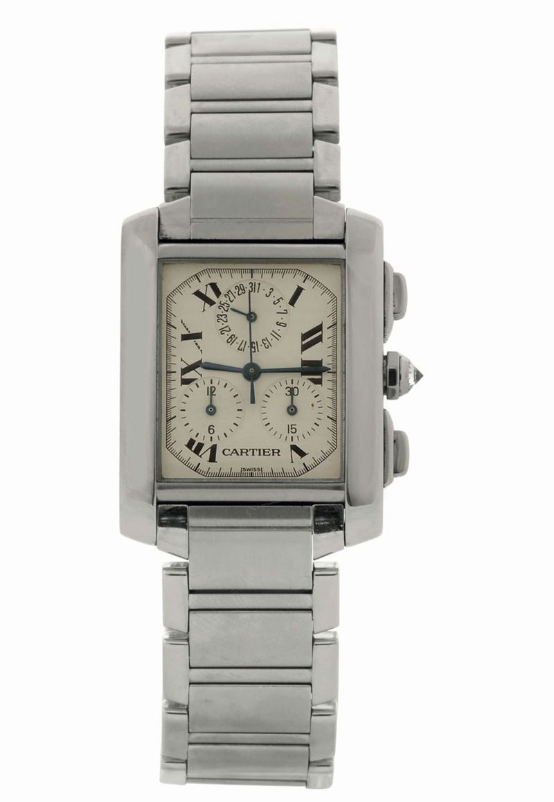 CARTIER,TANK CHRONOREFLEX STEEL QUARTZ, Ref. 2303. Made in the 1990’s. Fine, rectangular curved, water-resistant, stainless steel quartz wristwatch with square button chronograph, registers, date and a stainless steel Cartier link bracelet with concealed double deployant clasp.  - Auction Watches and Pocket Watches - Cambi Casa d'Aste