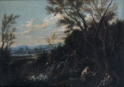Antonio Francesco Peruzzini (1643-1724)paesaggio con Monaci