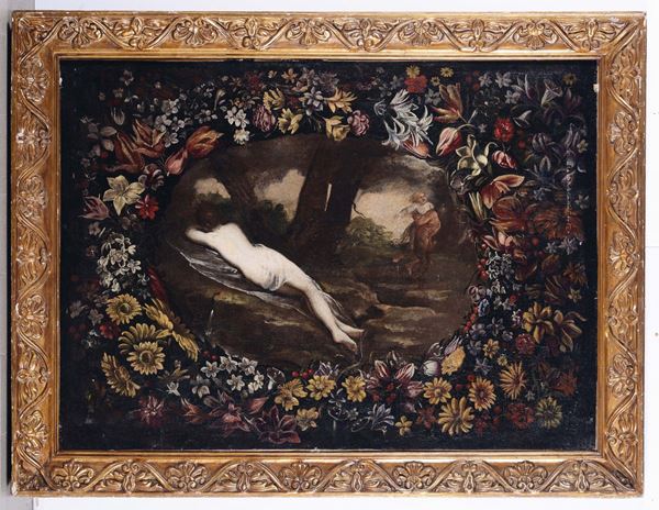 Scuola italiana del XVII secolo Nudo femminile in paesaggio entro corona di fiori