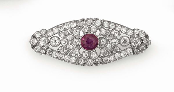 Ruby and diamond brooch mounted in platinum