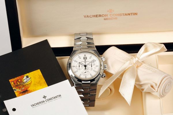 VACHERON CONSTANTIN, OVERSEAS CHRONOGRAPH, case No. 809348, Ref. 49150. Very fine, self-winding, water-resistant, anti-magnetic stainless steel wristwatch with round button chronograph, registers, large date and a stainless steel Vacheron Constantin link bracelet with concealed double deployant clasp. Made in the 2000's. Accompanied by the original box and Guarantee