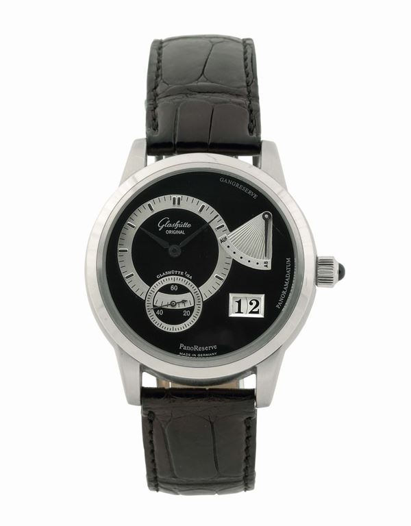 GLASHUTTE, PANORESERVE PANORAMADATUM  PLATINUM,  No. 012/100. Very fine and rare, self-winding, water-resistant, platinum wristwatch with panorama date, power-reserve display and a platinum Glashütte Original buckle. Made in the 2000's
